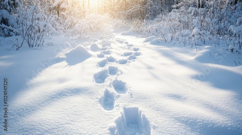 Icy footprints leading through the snow-covered woods with ample copy space in the scene