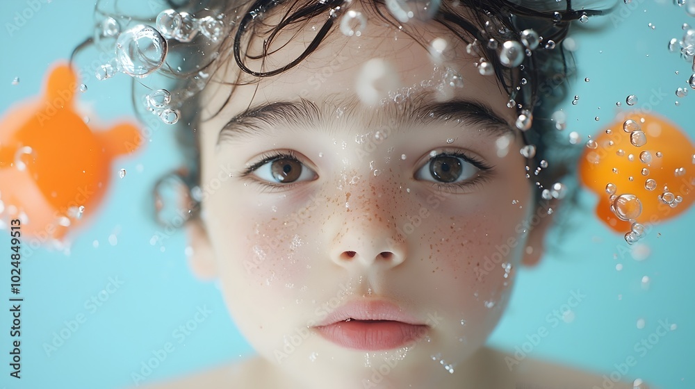Curious and imaginative child s face partially submerged in calm transparent bathwater surrounded by playful floating bath toys and bubbles conveying a sense of wonder discovery Curious and imaginative child s face partially submerged in calm transparent bathwater surrounded by playful floating bath toys and bubbles conveying a sense of wonder discovery