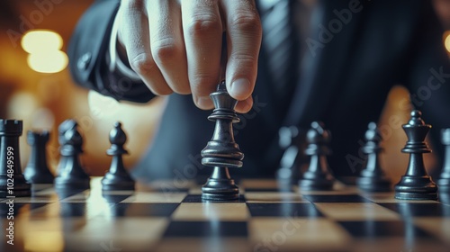 A man in a suit is playing chess and is about to move a piece