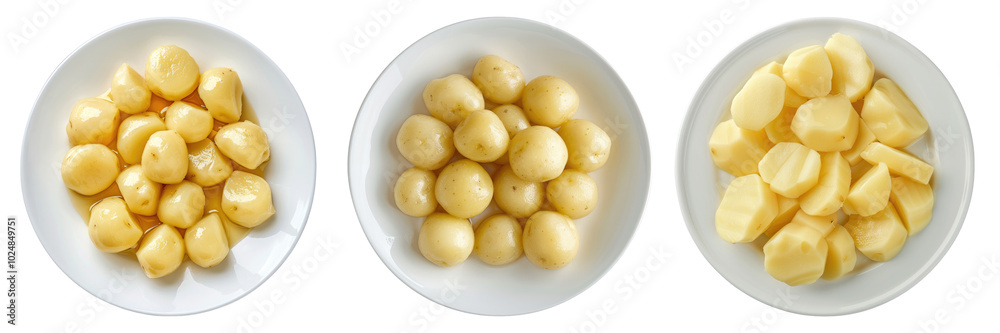 White plate of peeled boiled potatoes isolated on transparent background, Set of White plate of peeled boiled potatoes isolated on transparent background, Set of