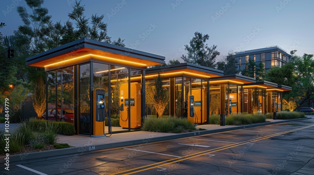 Modern electric vehicle charging stations illuminated at dusk along a serene urban street with lush greenery. Generative AI Modern electric vehicle charging stations illuminated at dusk along a serene urban street with lush greenery. Generative AI