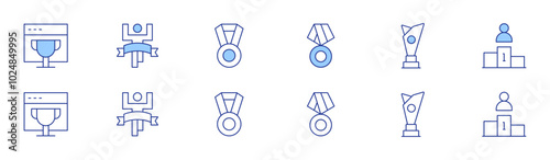 Winner icon set in two styles, Duotone and Thin Line style. Editable stroke. best employee, medal, trophy, finish line