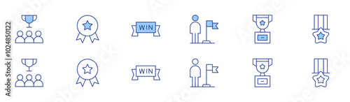 Winner icon set in two styles, Duotone and Thin Line style. Editable stroke. trophy, medal, win, flag