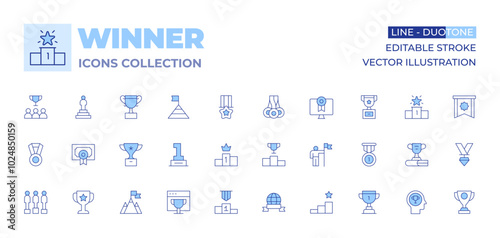 Winner icons collection. Line Duotone style, editable stroke. medals, success, achievement, trophy, podium, goal, medal, competition, cup, diploma, leadership