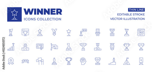 Winner icons collection. Thin Line icons, editable stroke. award, competition, medal, mission, podium, trophy, win, winner, cheque, flag, flags, leadership, star