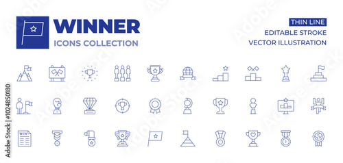 Winner icons collection. Thin Line icons, editable stroke. award, champion, finish line, goal, medal, achievement, flag, podium, ranking, triumph, trophy
