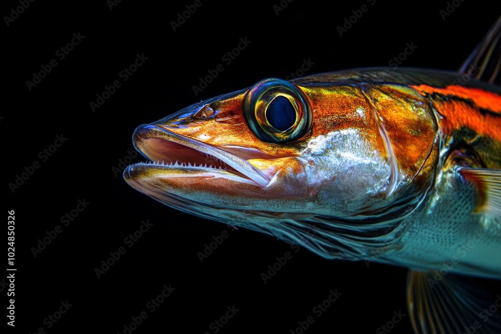 Fototapeta premium Mystic portrait of Yellowmouth Barracuda, copy space on right side, Close-up View, isolated on black background
