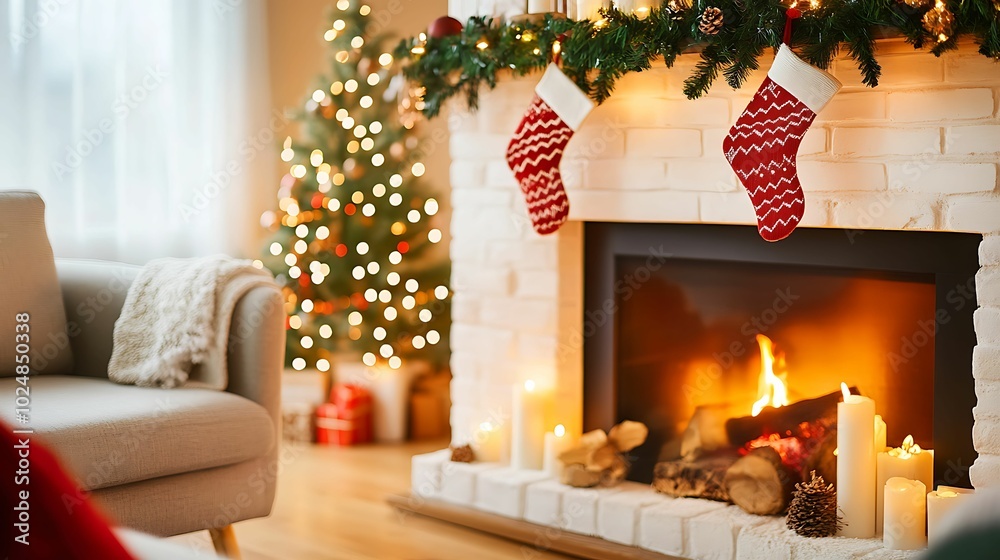 A warm and inviting living room decorated for Christmas with a lit fireplace, stockings, and a glowing Christmas tree.