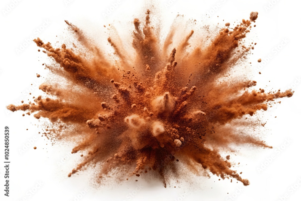 Isolated white background with bright chocolate paint color powder festival explosion burst Isolated white background with bright chocolate paint color powder festival explosion burst