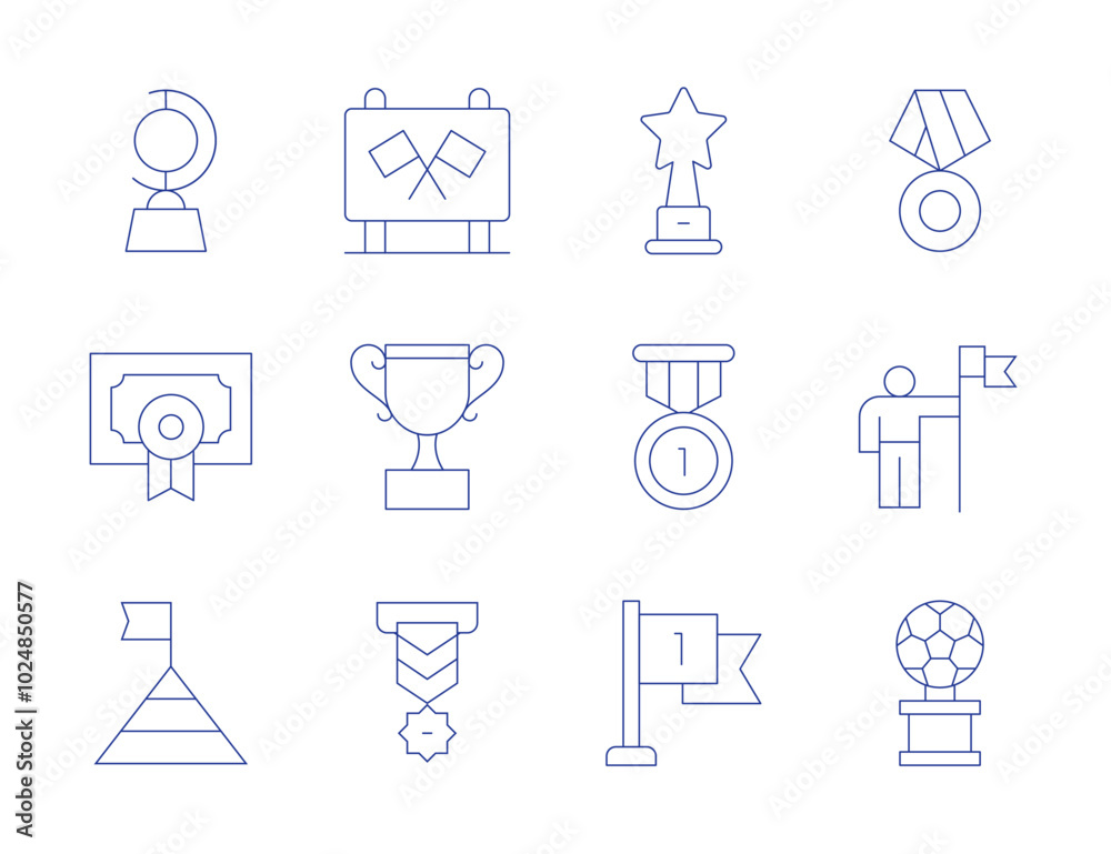 Winner icons. Thin Line style, editable stroke. cup, formula one, medal, conquest, football, award, flag, diploma, goal Winner icons. Thin Line style, editable stroke. cup, formula one, medal, conquest, football, award, flag, diploma, goal