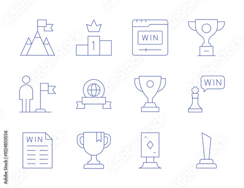 Winner icons. Thin Line style, editable stroke. achievement, flag, lottery, medal, podium, trophy, win, winner