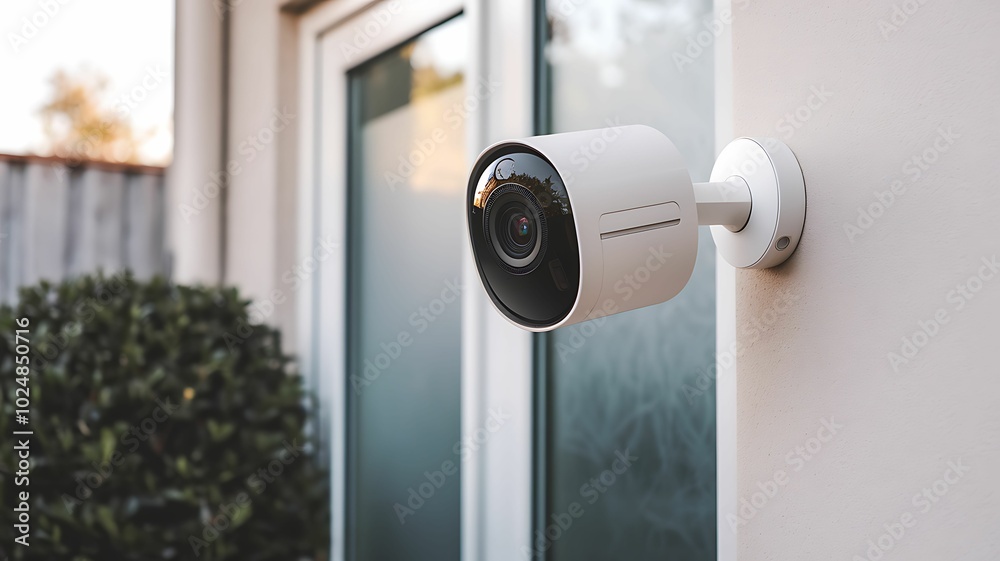 A modern outdoor security camera mounted on a wall near a glass door, providing surveillance and monitoring for enhanced home security and property protection. A modern outdoor security camera mounted on a wall near a glass door, providing surveillance and monitoring for enhanced home security and property protection.