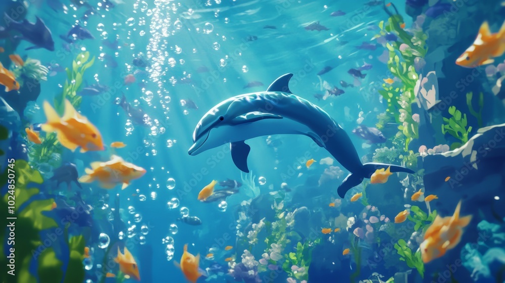 Vibrant Underwater Scene with Dolphin and Colorful Fish Vibrant Underwater Scene with Dolphin and Colorful Fish