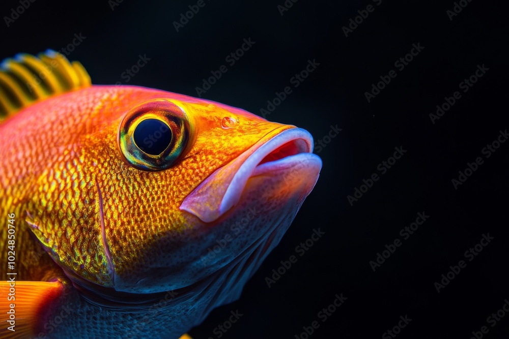 Mystic portrait of Yellowtail Snapper, copy space on right side, Close-up View, isolated on black background Mystic portrait of Yellowtail Snapper, copy space on right side, Close-up View, isolated on black background