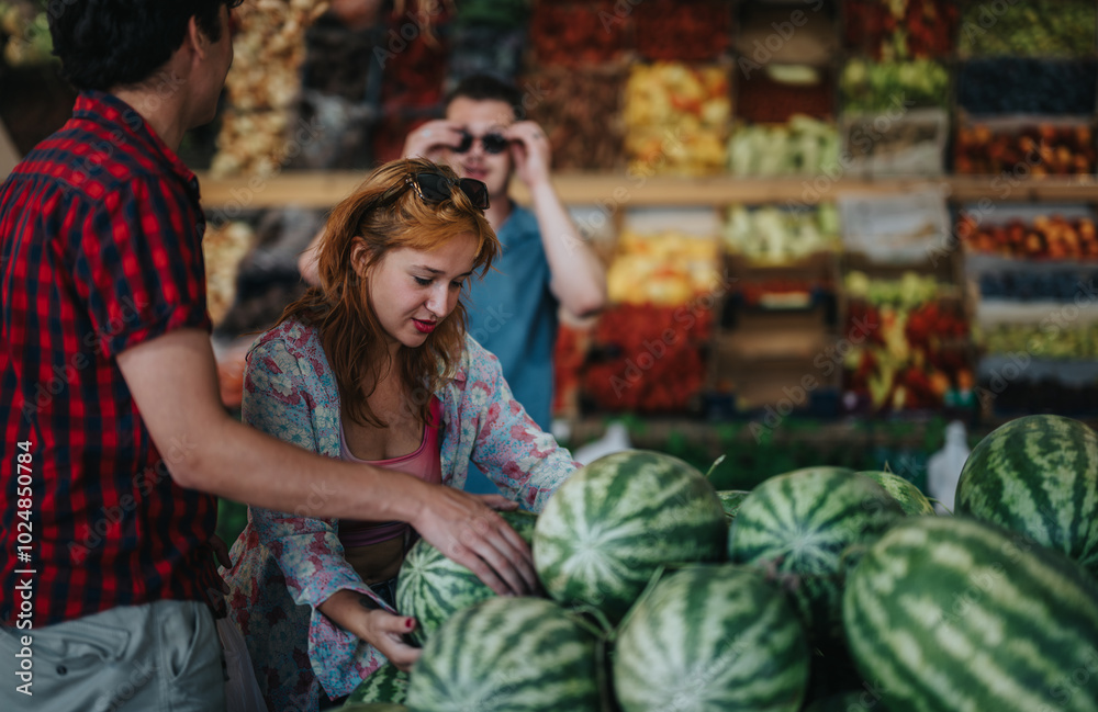 A group of friends browsing watermelons at an outdoor market. They enjoy choosing fresh fruits and vegetables from a local greengrocer on a sunny day. A group of friends browsing watermelons at an outdoor market. They enjoy choosing fresh fruits and vegetables from a local greengrocer on a sunny day.
