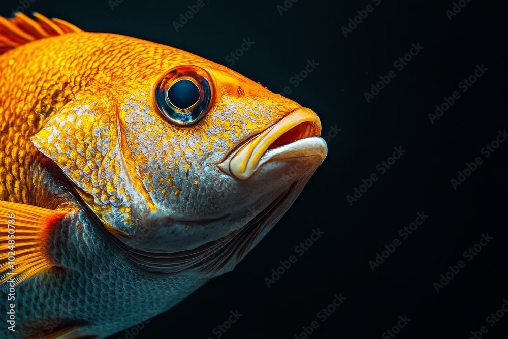 Mystic portrait of Yellowtail Snapper, copy space on right side, Close-up View, isolated on black background Mystic portrait of Yellowtail Snapper, copy space on right side, Close-up View, isolated on black background
