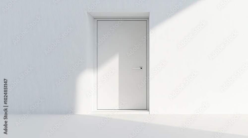 Modern white door on a clean white background, framed with open space for text or messaging. Simple and elegant