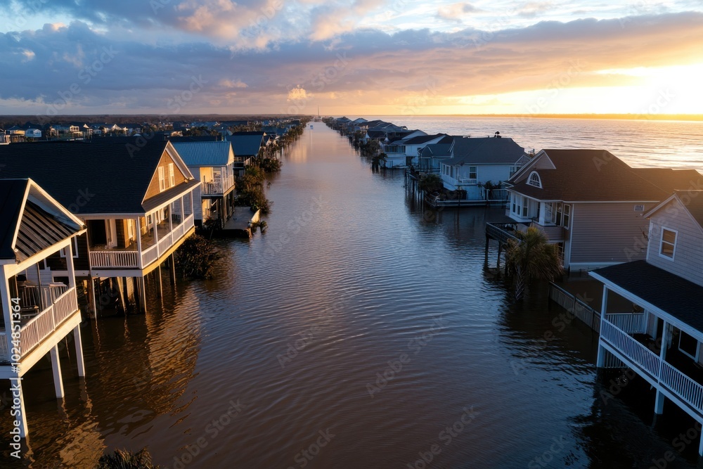 Obraz premium A serene sunset highlights a coastal community with houses on stilts in a flooded area, capturing the enchanting interplay of rising waters and adaptive architecture.