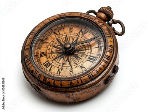 An isolated antique compass with intricate engravings, symbolizing exploration and adventure, isolated on white background. 