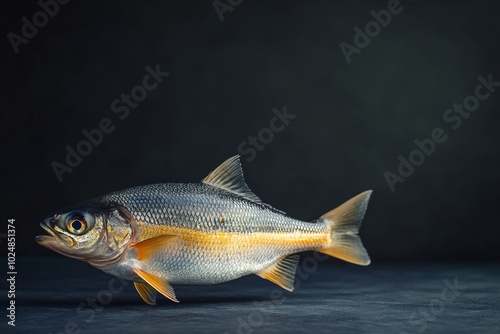 the beside view American Shad, left side view, white copy space on right, Isolated on dark Background