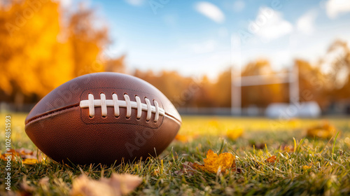 A solitary football rests on a grassy field amidst vibrant autumn leaves, embodying the spirit of the game in a picturesque outdoor setting. photo