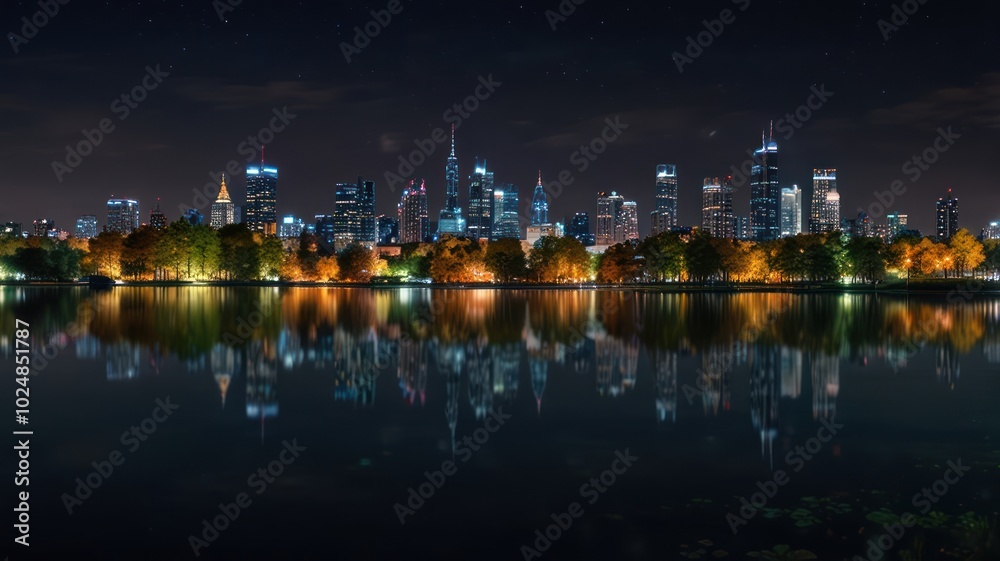 Fototapeta premium A city skyline at night, reflected in a calm lake. The skyscrapers are lit up, casting a warm glow on the water. The trees in the foreground are silhouetted against the night sky.