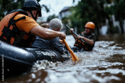 Emergency responders assist a person in a flooded urban street using a rescue boat, reflecting the human spirit's courage and perseverance amidst adversity. photo