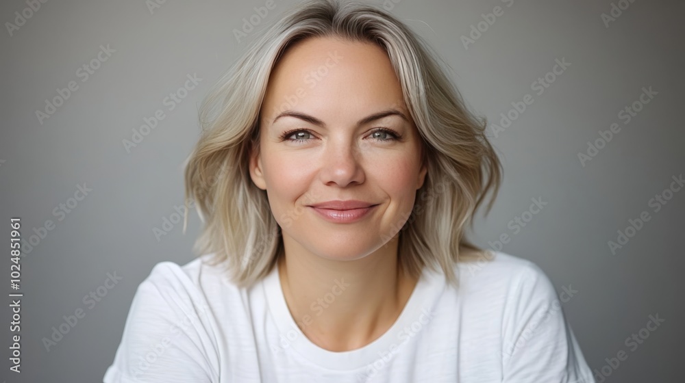 Portrait of a Happy and Confident Woman with Short Blonde Hair, Smiling at the Camera Portrait of a Happy and Confident Woman with Short Blonde Hair, Smiling at the Camera