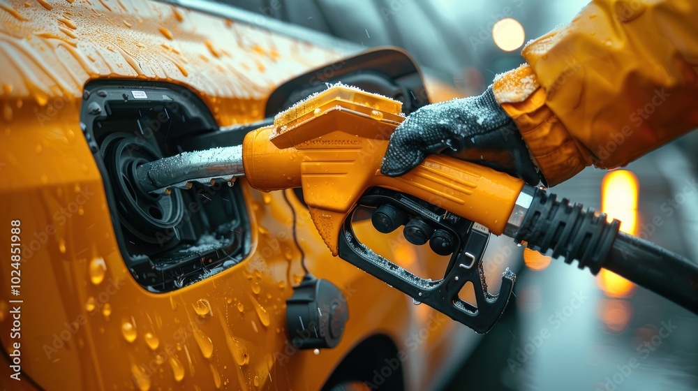 Refueling a bright orange vehicle in the rain on a misty evening at a gas station. Generative AI Refueling a bright orange vehicle in the rain on a misty evening at a gas station. Generative AI