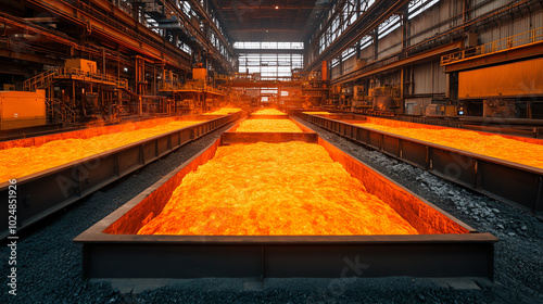 A vibrant molten metal flow in an industrial factory, showcasing the intense heat and energy involved in metal production processes. photo