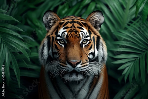 A majestic tiger gazes through lush green foliage in a vibrant jungle setting.