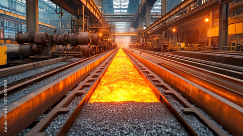 A vibrant scene inside a steel mill, showcasing molten metal pouring onto tracks, illuminated by warm industrial lighting.