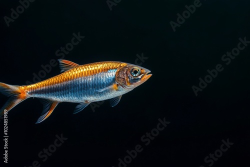 the beside view Blueback Herring, left side view, white copy space on right, Isolated on dark Background