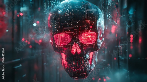 A cyberpunk skull with glowing red and cyan circuits embedded in its surface, surrounded by dynamic spray paint lines and neon splashes. photo