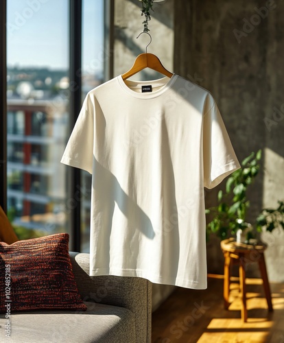 Mockup of a stylish white t shirt hangs on a wooden hanger in a modern living space, illuminated by sunlight through a window; template for casual clothing with blank copy space photo