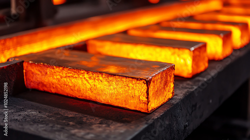 Obraz na płótnie Close-up of glowing molten metal bars in a forge. The vibrant orange color displays the heat and energy of metalworking processes. w salonie