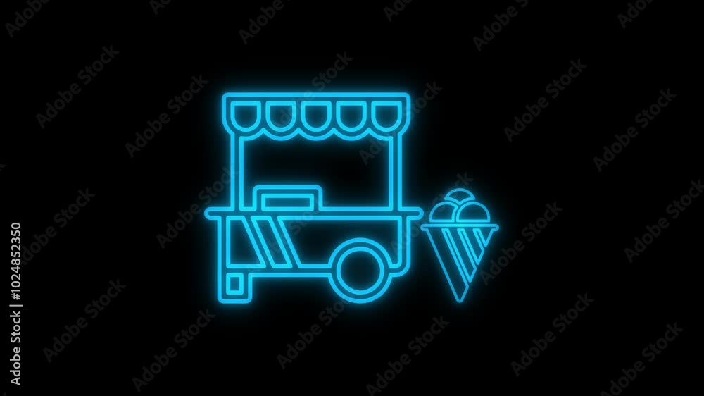Glowing neon small business food cart sign animation on a black background. Glowing neon small business food cart sign animation on a black background.