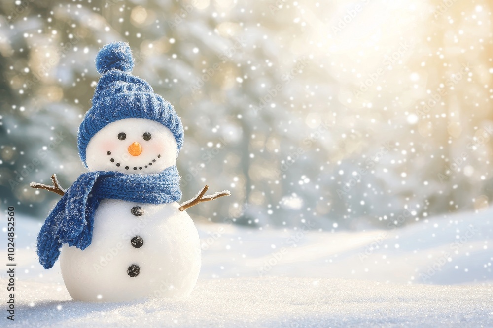 The snowman is wearing a hat and scarf on snow. Beautiful winter snowman Christmas card, copy space included. The snowman is wearing a hat and scarf on snow. Beautiful winter snowman Christmas card, copy space included.