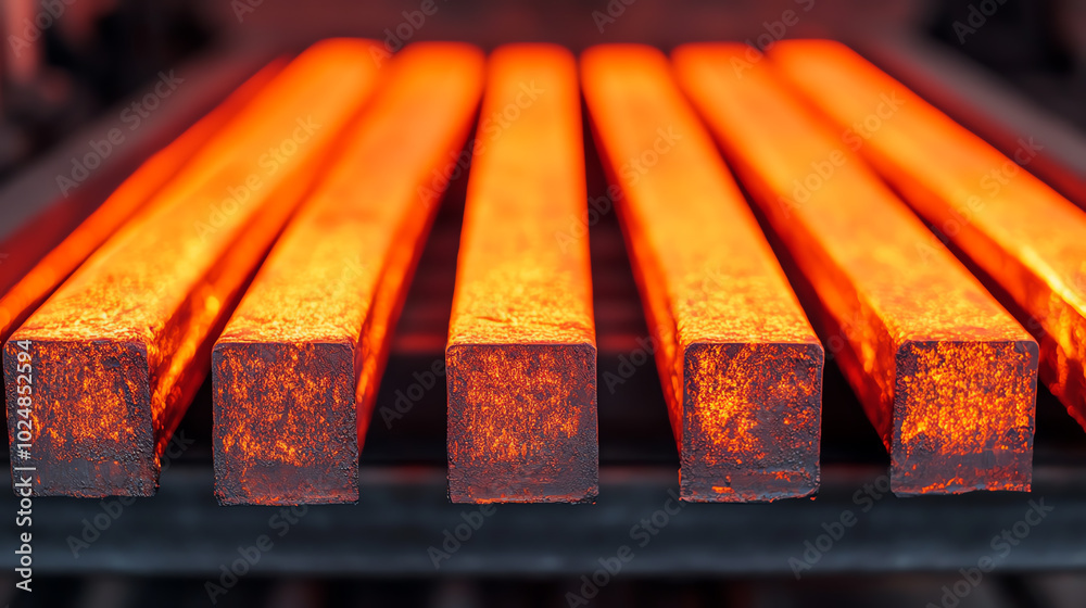 Close-up view of glowing metal bars in a manufacturing process, showcasing intense heat and texture in an industrial environment.