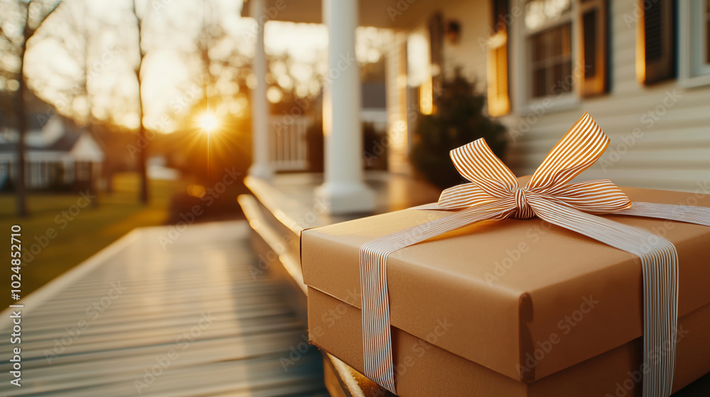 A charming gift box adorned with a ribbon sits on a porch, illuminated by the warm glow of the sunset. A perfect scene for any celebration or moment of joy. A charming gift box adorned with a ribbon sits on a porch, illuminated by the warm glow of the sunset. A perfect scene for any celebration or moment of joy.