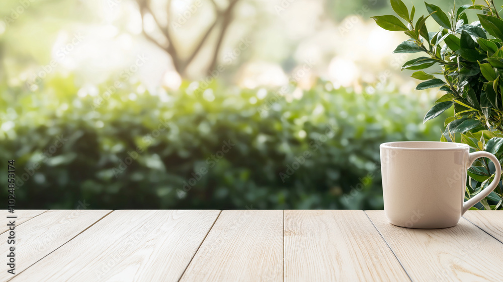 Enjoy a tranquil moment with a cup of coffee on a wooden table, surrounded by lush greenery. Ideal for conveying relaxation and peaceful leisure. Enjoy a tranquil moment with a cup of coffee on a wooden table, surrounded by lush greenery. Ideal for conveying relaxation and peaceful leisure.