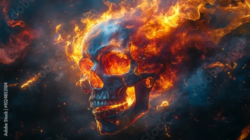 A fiery skull with flames erupting in chaotic patterns, glowing with bright hues of red, yellow, and blue. The flames twist and coil around the skull, with smoke and embers drifting in the dark,