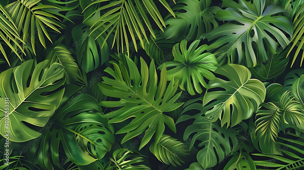 A lush, tropical foliage background with vibrant green leaves. A lush, tropical foliage background with vibrant green leaves.