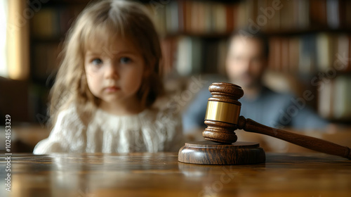 A child gazes at a gavel in a library setting.