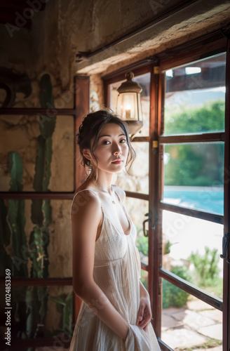 Elegant Woman Standing by Sunlit Window in Rustic Interior