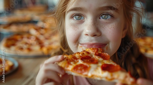 A young girl joyfully enjoying a slice of pepperoni pizza at a bustling pizzeria on a sunny afternoon. Generative AI