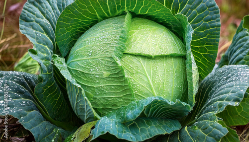 Cabbage (brassica oleracea) covered in dew in Fairbanks, Alaska