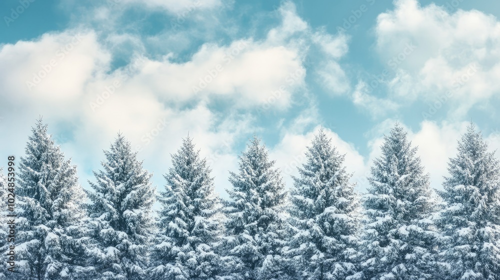 Snow-covered evergreen trees against a cloudy winter sky with plenty of room for copy space Snow-covered evergreen trees against a cloudy winter sky with plenty of room for copy space