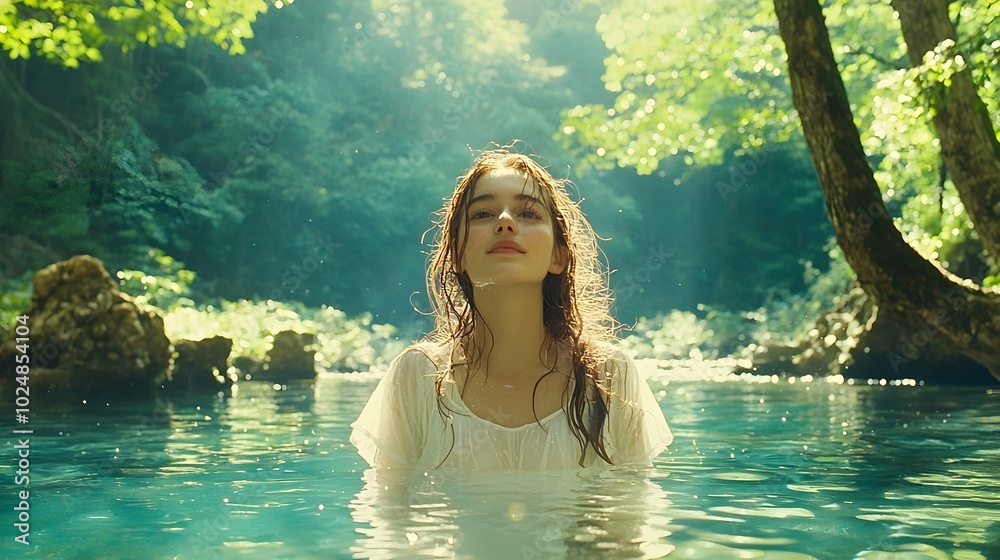 Fototapeta premium Ethereal Woman in Shimmering Stream Amid Lush Forest Scenery A visually striking image of a woman in a sheer white dress half submerged in a crystal clear stream