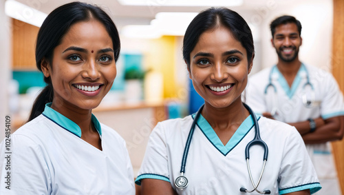 Giovani donne medico o infermiere indiane sorridono in ospedale photo